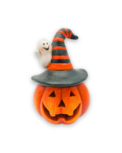 Zucca Halloween con led in terracotta H18 cm