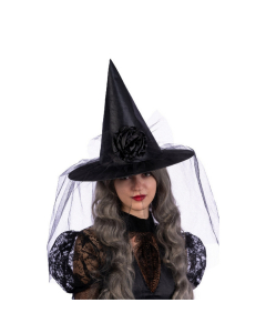 Cappello nero da strega fiore e veletta Halloween
