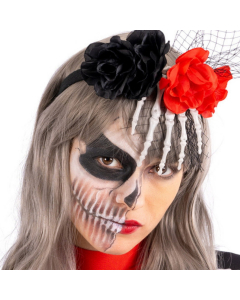 Cerchietto Halloween con mano scheletro, fiori e tulle