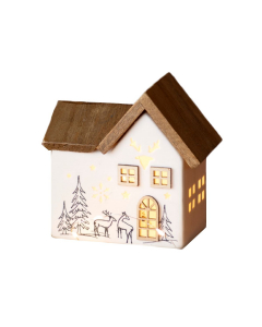 Casetta natalizia in porcellana bianca e legno a LED