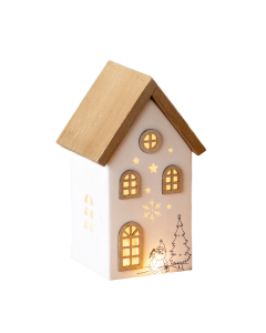 Casetta natalizia in porcellana bianca e legno a LED 16 cm
