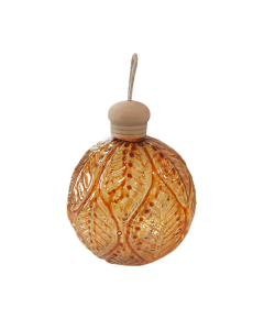 Sfera natalizia in vetro ambra con decoro a foglie e tappo in legno