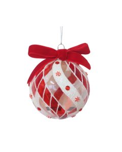 Sfera di Natale Twist in vetro trasparente, bianco e rosso-8 cm