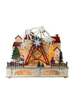 Villaggio natalizio con ruota panoramica in legno e LED