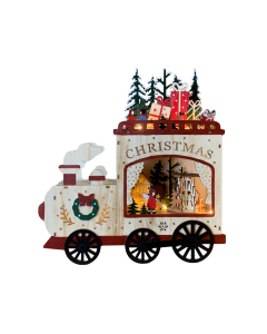 Locomotiva natalizia in legno con scena di città e LED