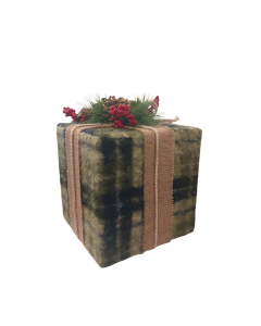 Pacco decorativo natalizio in tessuto verde con bacche e pigne