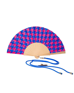 Ventaglio artigianale in legno e tessuto – pied de poule viola e blu