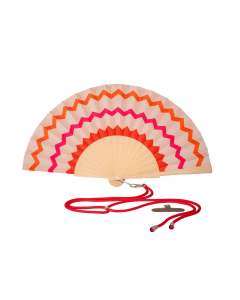 Ventaglio artigianale in legno e tessuto – motivo zig zag rosso e arancio