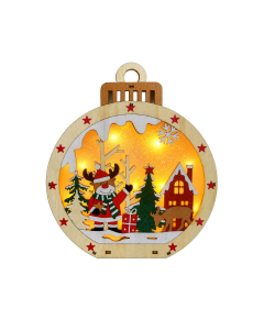 Sfera natalizia in legno con renna e LED H 26 cm
