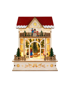 Casetta natalizia in legno con LED e movimento H 24 cm
